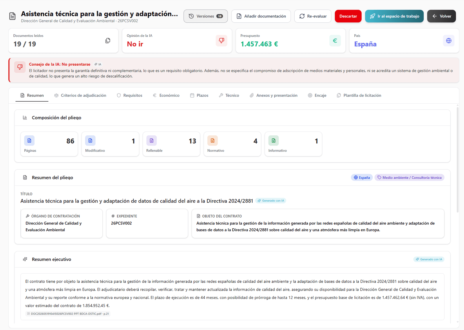 Expediente de licitación analizado en Genlicit